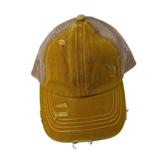 High Ponytail Baseball Cap CC Exclusives Marigold Yellow Distressed Womens OS - Picture 1 of 10